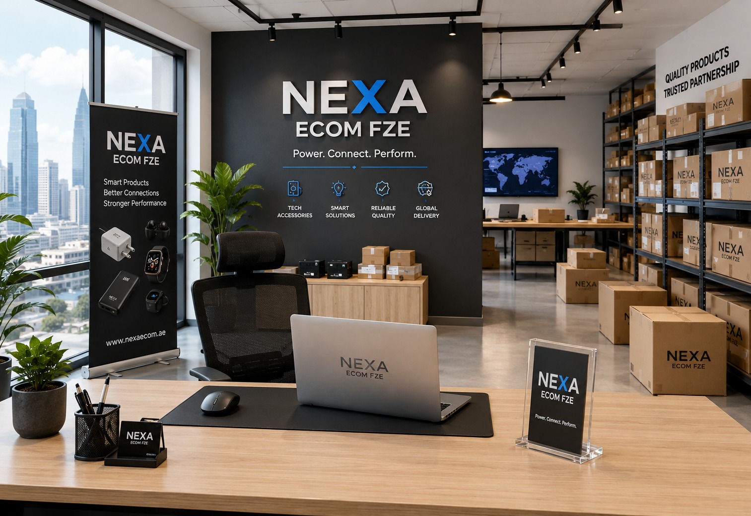 Nexa Ecom branded office and showroom with product displays