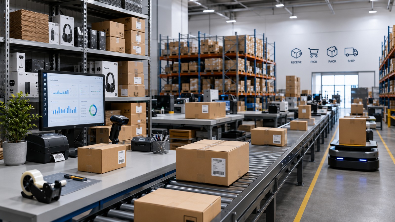 Nexa Ecom packing and shipping area with boxes moving through fulfillment